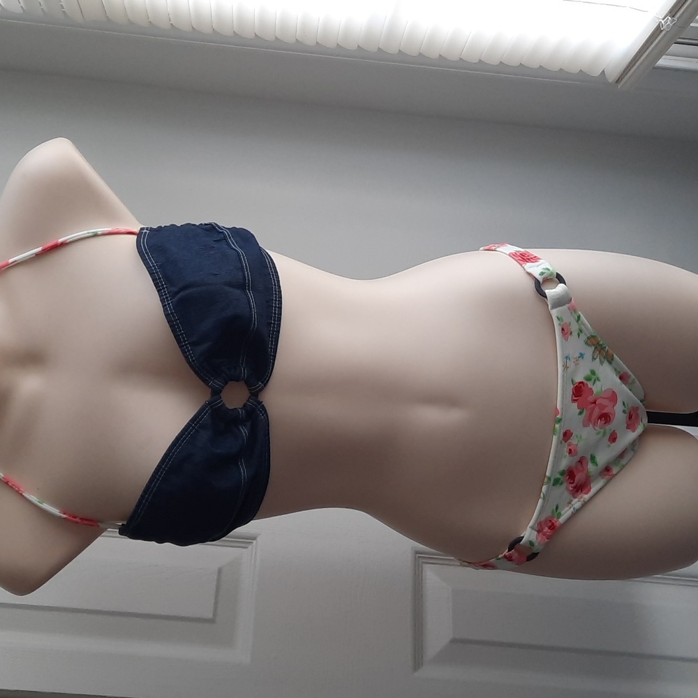 NWT MAR RIO Bandeau Denim & Roses Brazilian Bikini LG G